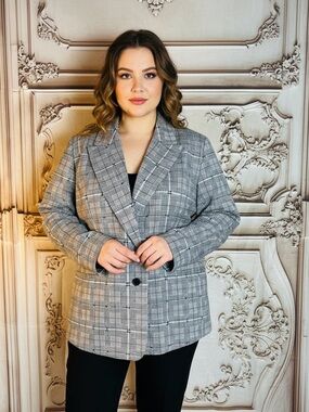 DG2 by Diane Gilman Grey Plaid Double-Breasted Blazer
